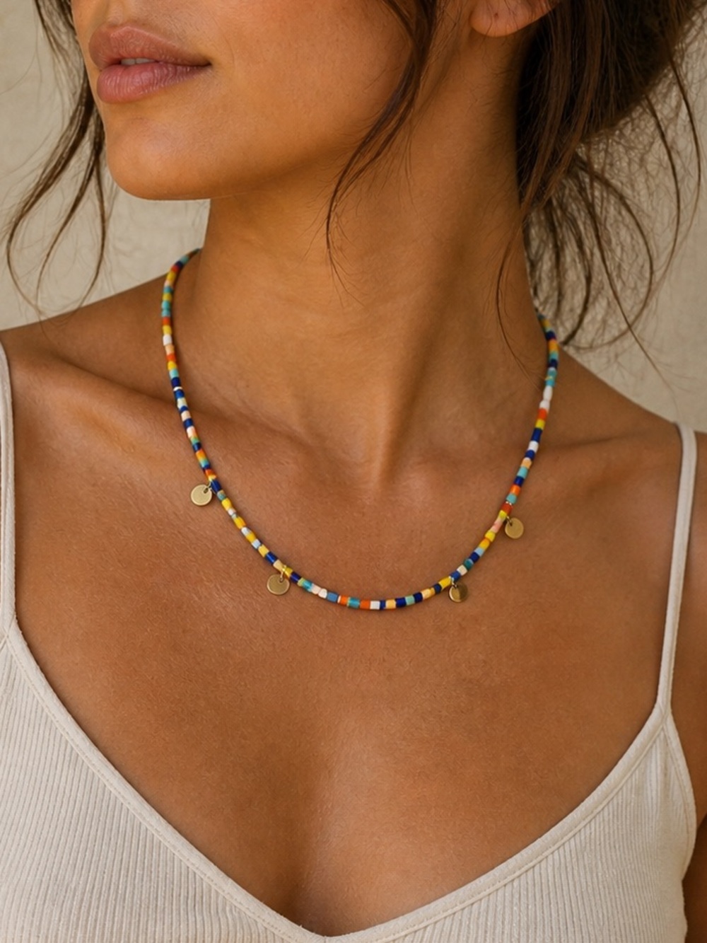 Colorful | Beaded Choker Necklace | Rainbow Seed Bead Gold Charm | Boho Minimal
